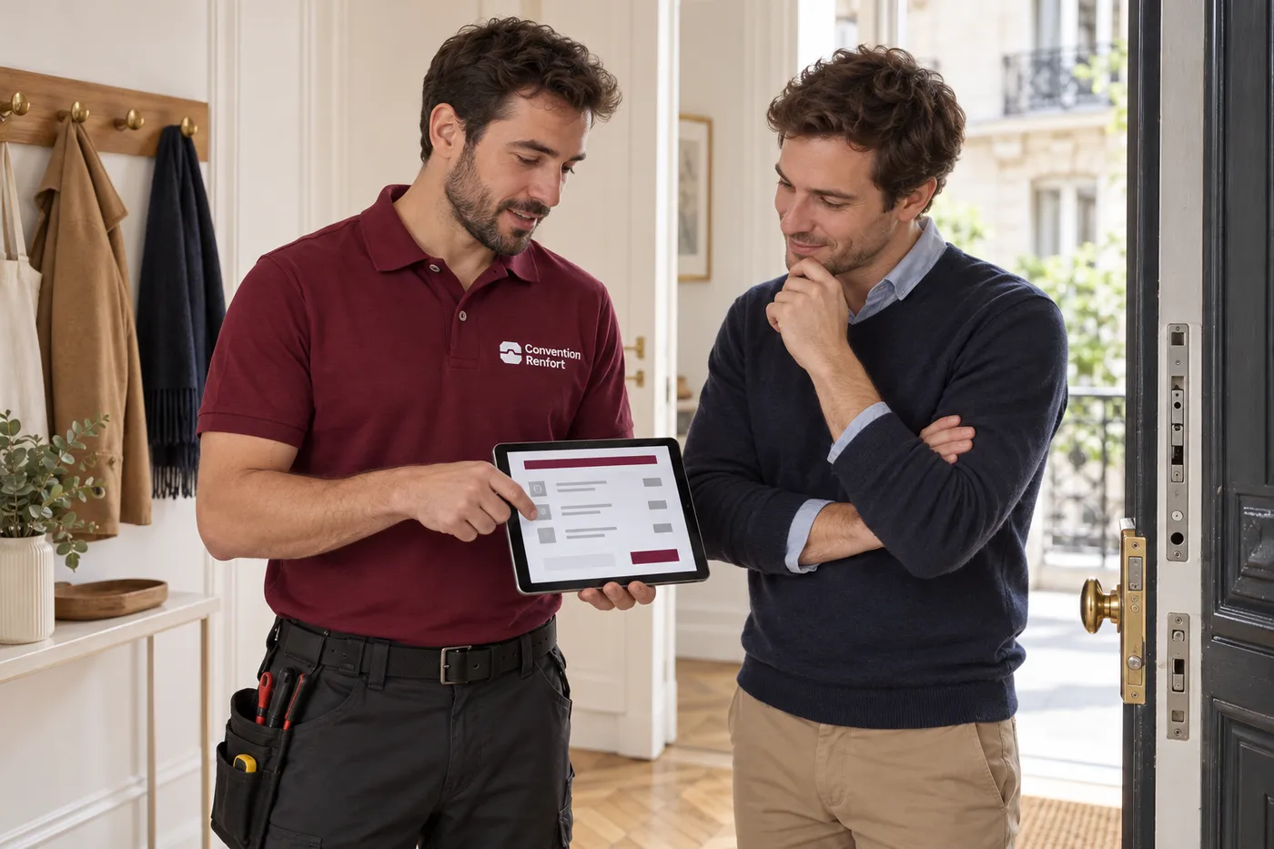 Serrurier présentant une estimation sur tablette à un habitant, à côté de sa porte d'entrée