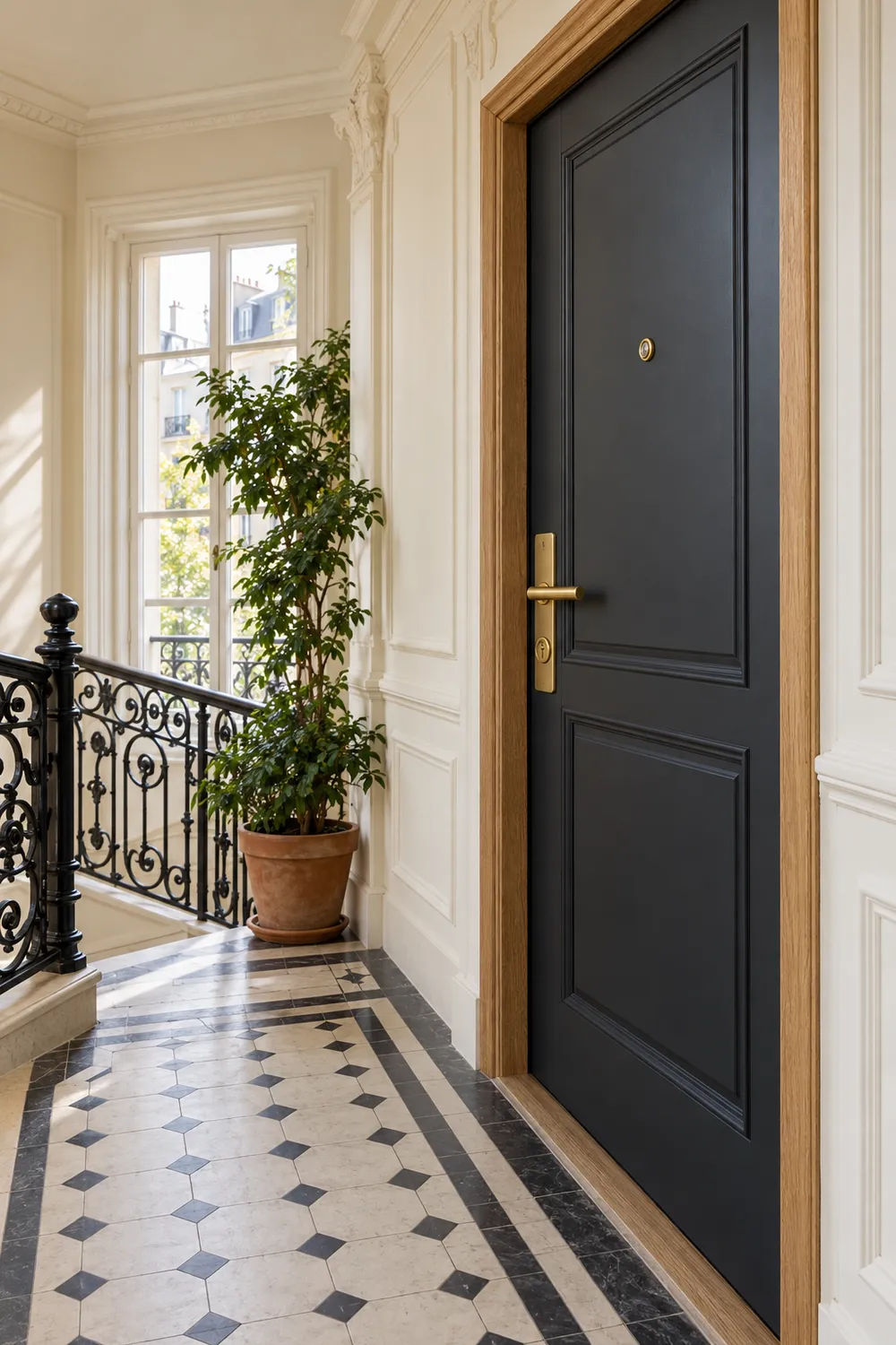 Porte d'entrée renforcée gris anthracite avec poignée et cylindre laiton sur le palier d'un immeuble des années 30, Paris 15e
