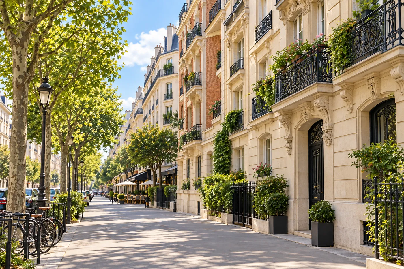 Rue résidentielle du quartier Convention bordée d'immeubles en pierre et de platanes, Paris 15e