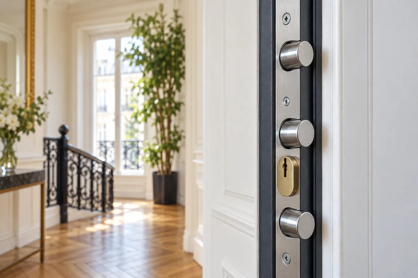 Serrure multipoint avec trois pênes sortis sur le chant d'une porte d'entrée d'appartement